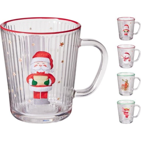 TAZZA VETRO RIGHE NATALE H.10.5 4 ASSORTITI